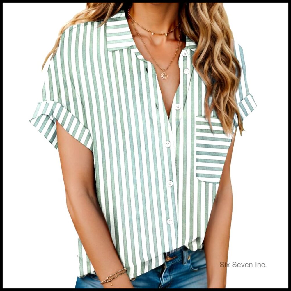 Linen Button Down Shirt Women Short Sleeve Collared Cotton Blouse